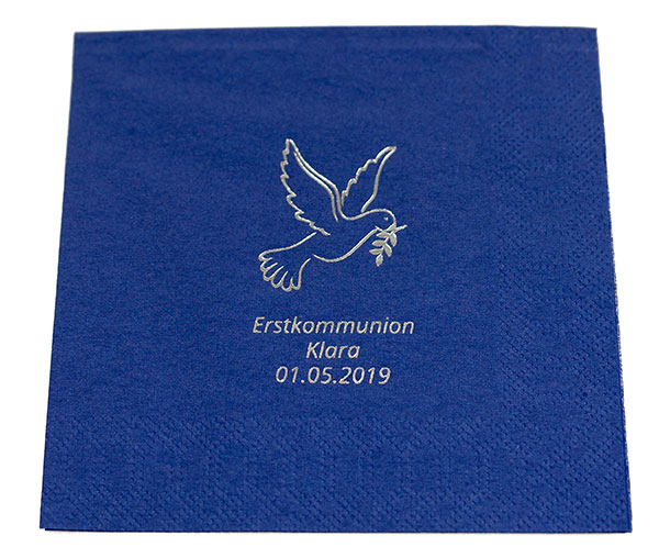 Duni dunkelblau bedruckt zur Erstkommunion mit einer Taube, Namen und Datum
